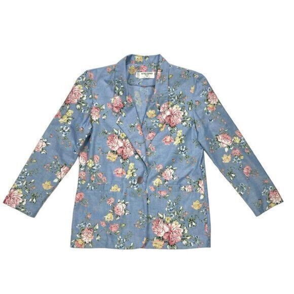 Alfred Dunner Linen Blazer Womens Sz 8 Blue Pink Floral Print 3/4 Sleeve Jacket - Picture 1 of 16